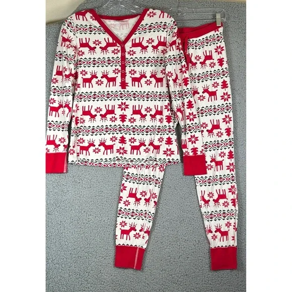 Hanna Andersson Womens Pajama 2 Piece Set S Red Reindeer Red Reindeer Fair Isle - Picture 2 of 13